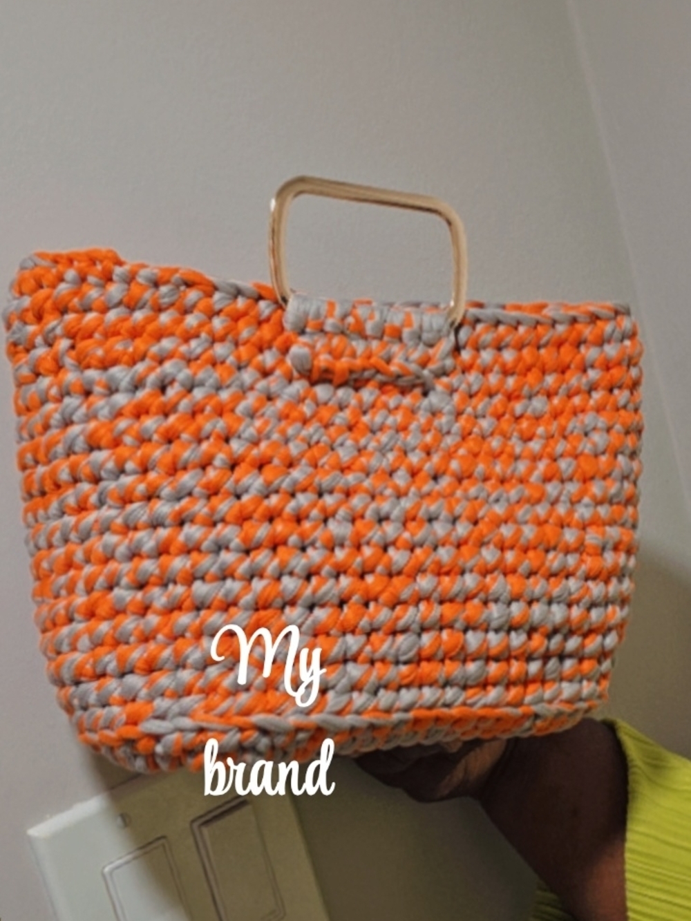 Handwoven Orange and Gray Tote with Gold Handle